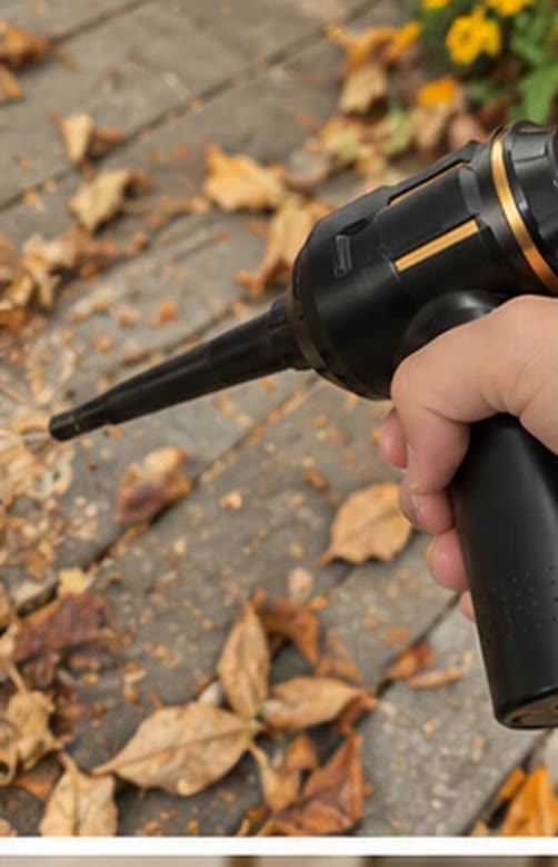 Blowing leaves off a path