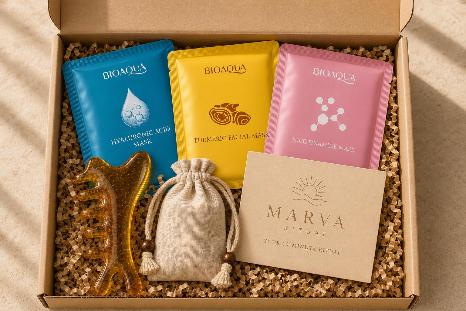 Open MARVA box showing masks, massage comb, pouch and ritual guide